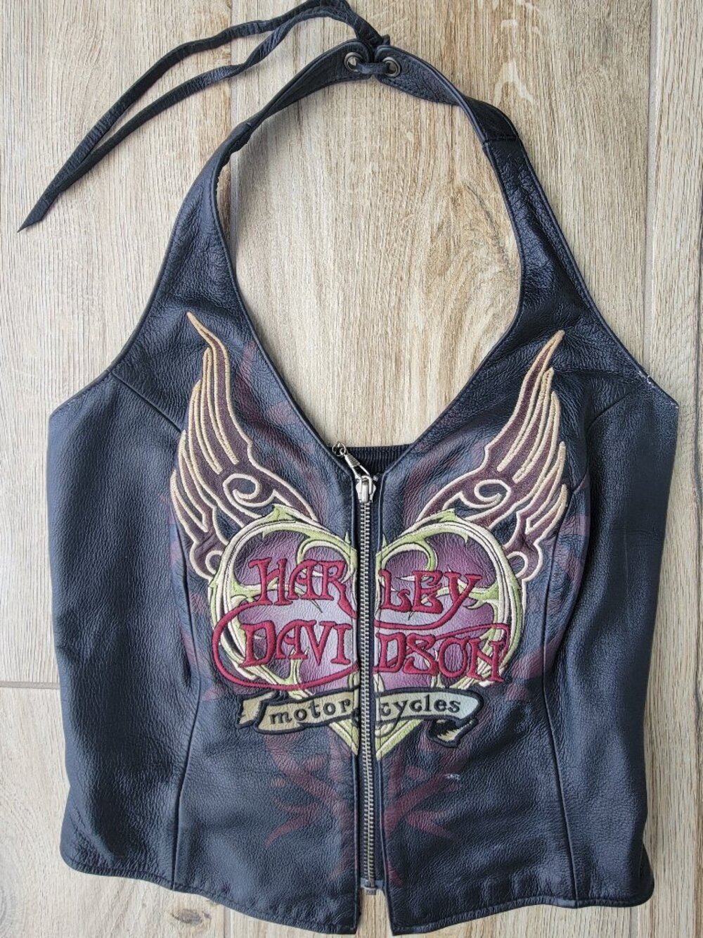 Harley-Davidson Genuine Leather Halter Top - XS Crimson Heart & Wings Embroidery